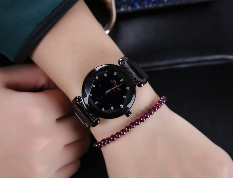 Demini Starry Sky Plate con cinturino in acciaio con diamanti Orologio da donna alla moda con doppio pulsante in oro rosa e viola_voghion.com