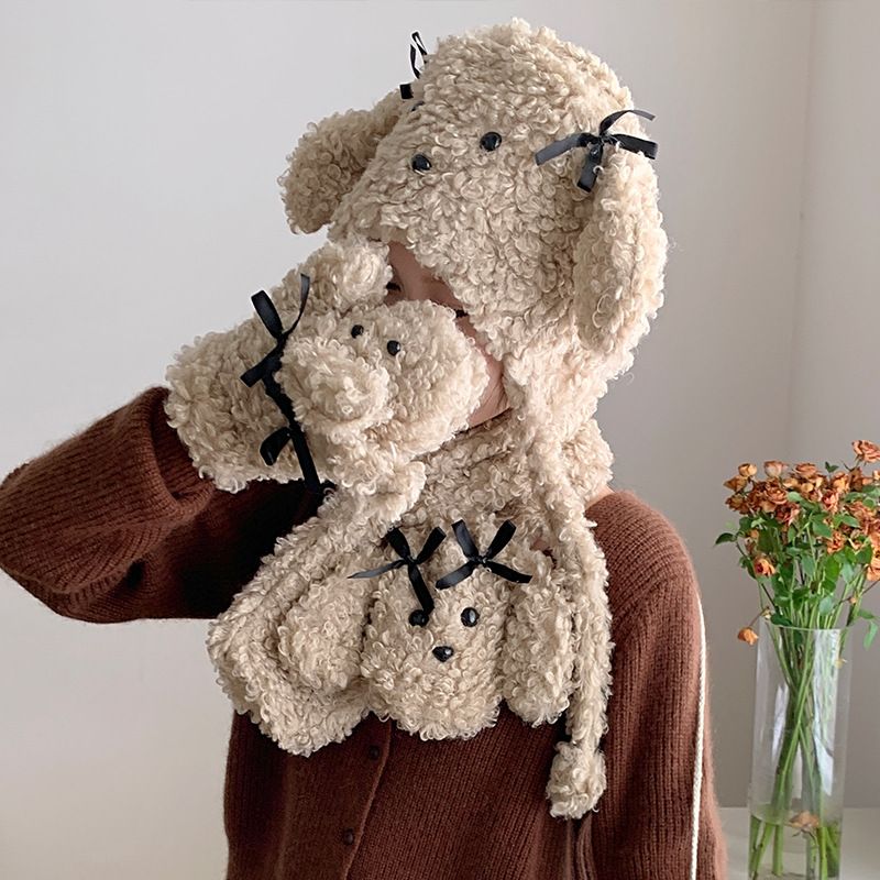 Set da tre pezzi con fiocco in nastro a forma di cane, pensato appositamente per le donne, berretto invernale in maglia spessa per studenti, caldo, alla moda e trendy._voghion.com