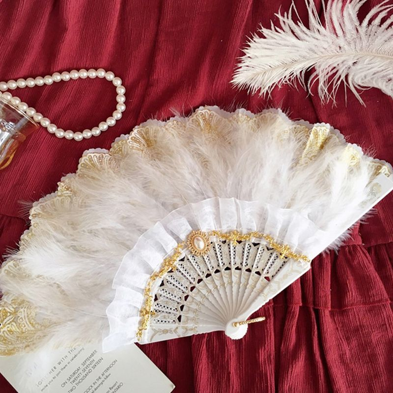Ręcznie robiony wachlarz z koronką retro, wachlarze z piór na prezent na przyjęcie, luksusowa dekoracja ślubna w Chinach_voghion.com