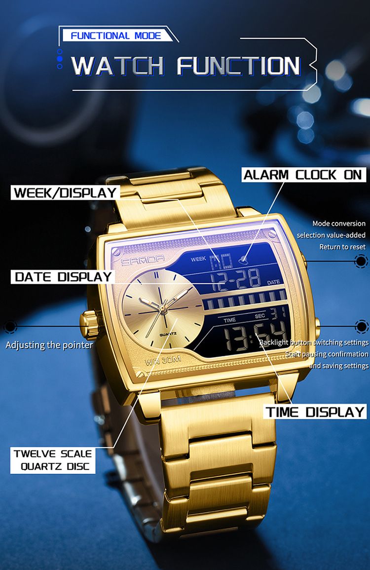 Montre carrée multifonction haut de gamme pour homme avec affichage lumineux, étanche à 30 m, double fuseau horaire et chronographe – Élégante pour le travail et les loisirs_voghion.com