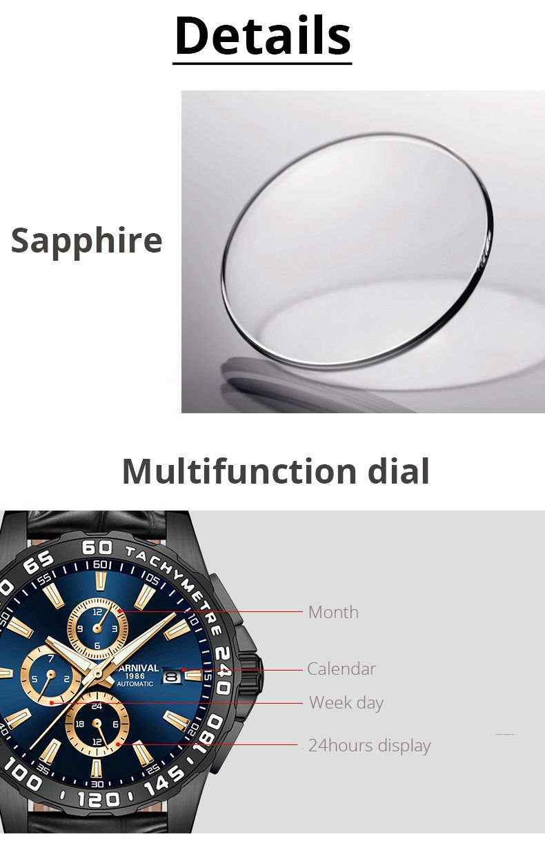 CARNIVAL Montres mécaniques multifonctions pour hommes, montre automatique à double calendrier, bracelet en cuir, lumineuse, étanche_voghion.com