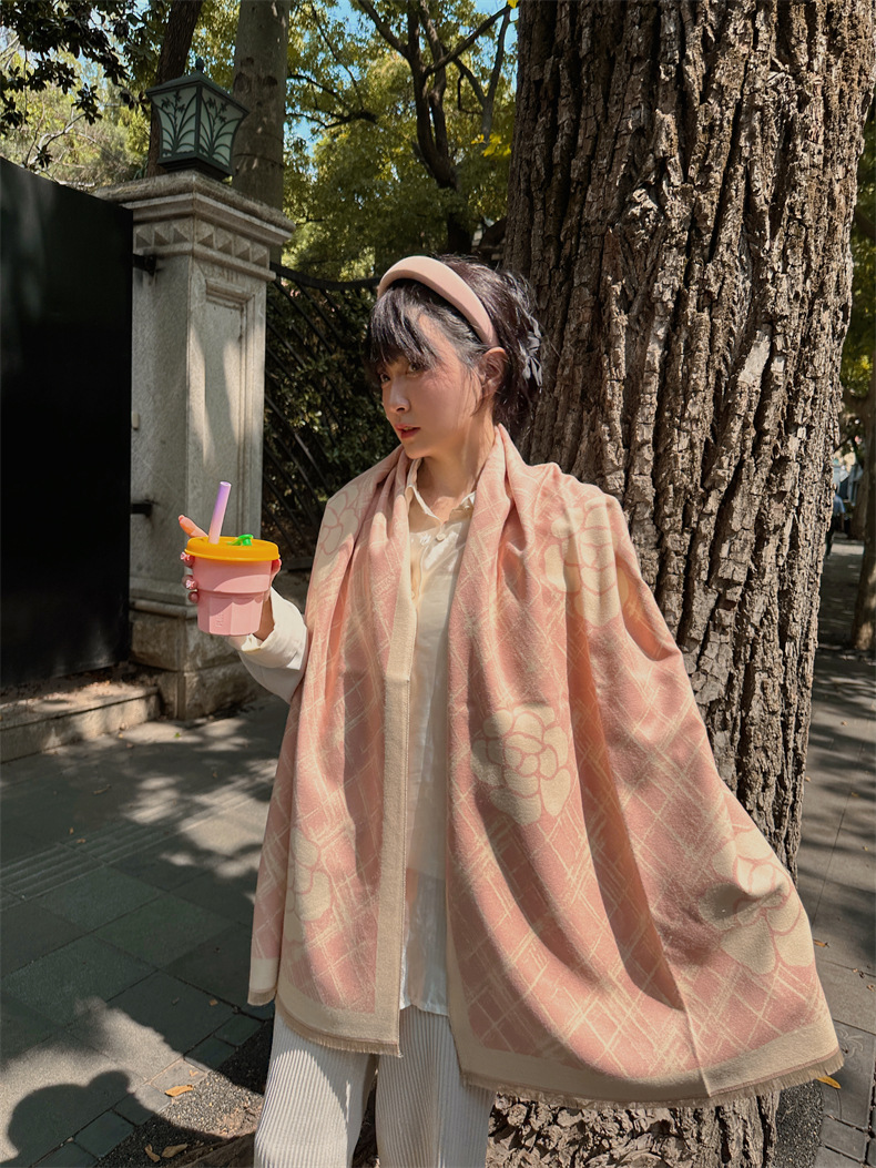 und süßes Mädchen I mitation Kaschmir Damen hochwertiger rosa Kamelie verdickter doppelseitiger Schal_voghion.com