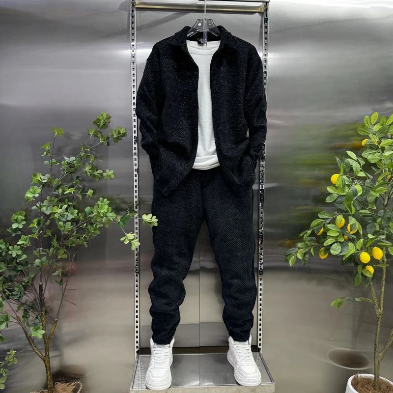 Completo da uomo casual primaverile con camicia e pantaloni, comodo e ampio, camicia a maniche lunghe e pantaloni, elegante completo coordinato (nero/bianco grigio, taglie dalla M alla 3XL)_voghion.com