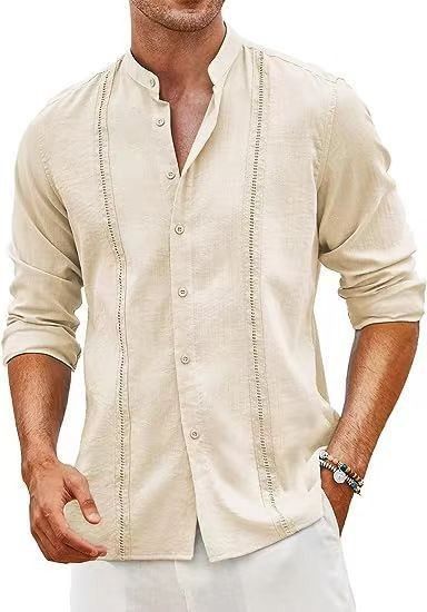 Camicia in cotone e lino con colletto alla coreana, stile casual da uomo, con bottoni, tendenza per le vacanze estive in spiaggia, 2025_voghion.com