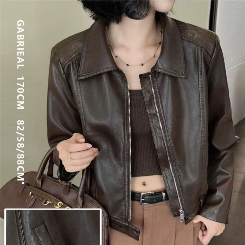 Veste courte en cuir ample à col rabattu pour femme, style haut de gamme, nouvelle collection 2025_voghion.com