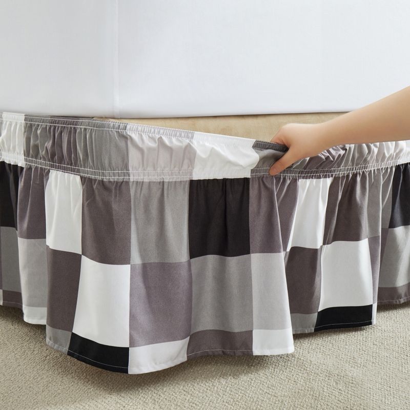 Gonna da letto a quadri grigio, bianco, nero e marrone - Copriletto elastico con volant per hotel e casa (pezzo unico, qualità premium)_voghion.com