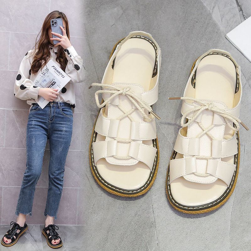 Sandali con lacci da donna, 2025, con fondo piatto, versatili, estivi, traforati, stile artistico, per studenti, punta scoperta_voghion.com