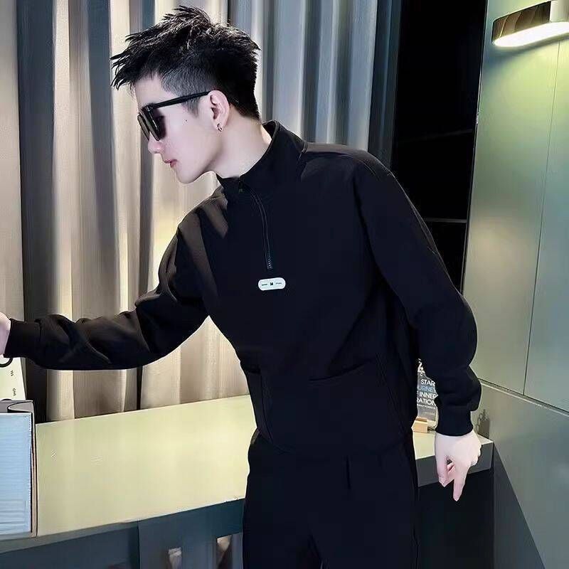 Handsome standing collar hoodie for men, spring and autumn winter styles, new half zipper top, men's inner layer bottom shirt_voghion.com
