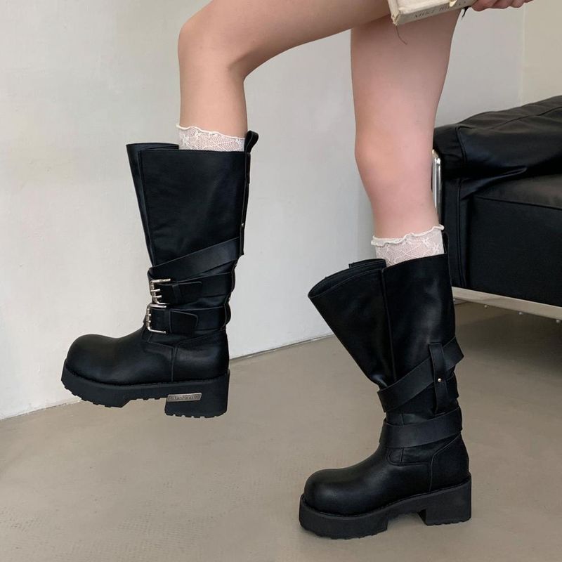 Women Boxing Boots 2025 Autumn Winter New Dark Style Belt Buckle Motorcycle Boxing Thick Sole Mid-Calf Riding Boots For Women_voghion.com