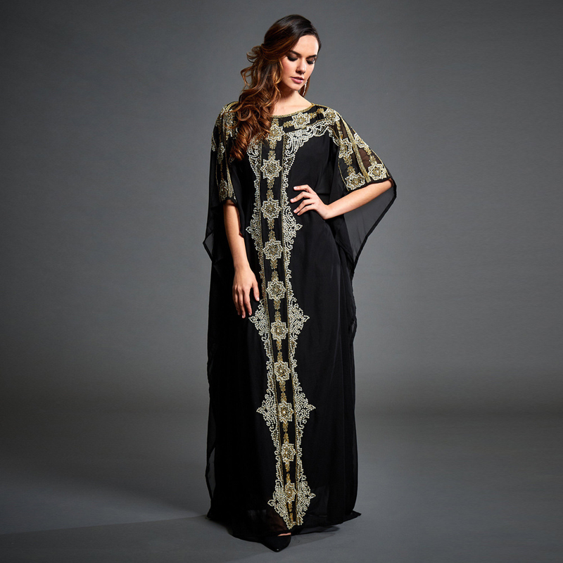 Neu Muslimischen Frauen Rundhals Robe Strand Urlaub Rock Chiffon Print Kleid_voghion.com