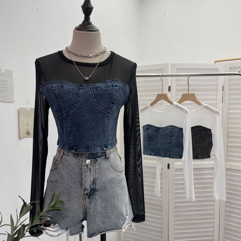 Damenbekleidung Zweiteiliges Denim-Spleißen-Netz-Langarmoberteil Kurzer, freiliegender Bauchnabel Schlankes T-Shirt_voghion.com
