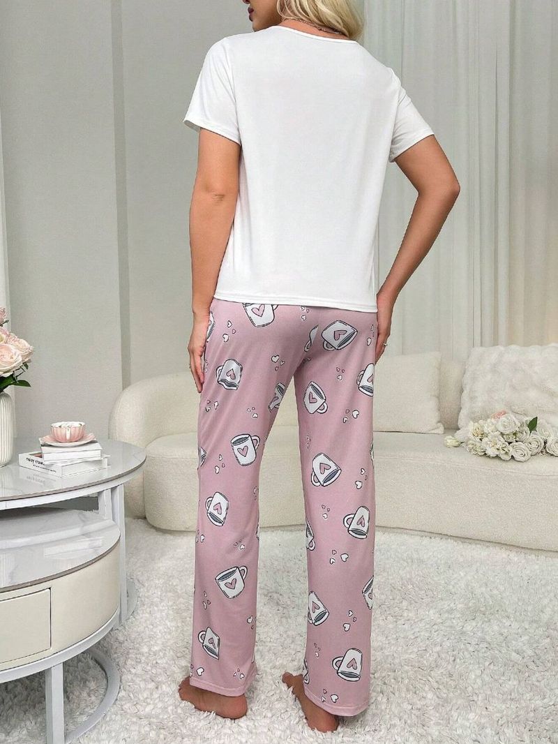 Γυναικεία Πυζά Ρούχα για το σπίτι Ρούχα Πυτζάμες Στρογγυλή λαιμόκοψη με εμπριμέ κοντομάνικο μπλουζάκι μπλουζάκι και παντελόνι Σετ δύο τεμαχίων Νέο_voghion.com