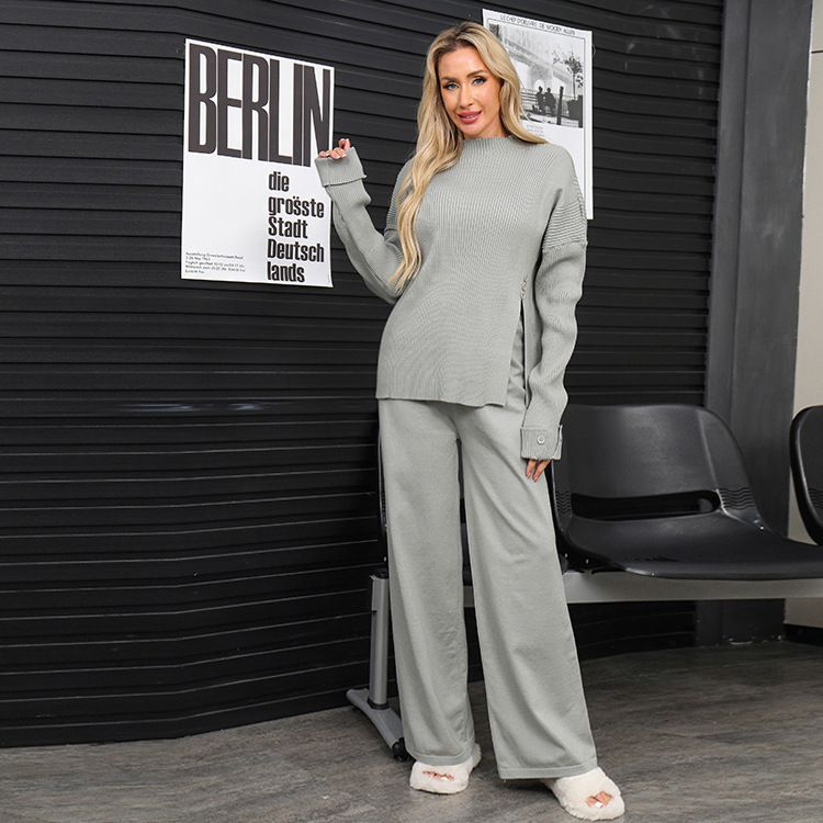 Ropa de mujer Nw otoño e invierno color sólido cuello redondo pantalones de diseño dividido estilo holgado traje de punto de dos piezas_voghion.com