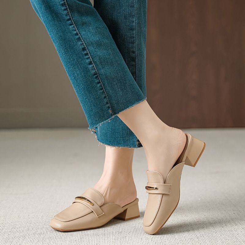 French Style Closed-Toe Mules Women's Fashionable Outdoor Lazy Square-Toe Mid-Heel Chunky Heel Sandals X332-5_voghion.com