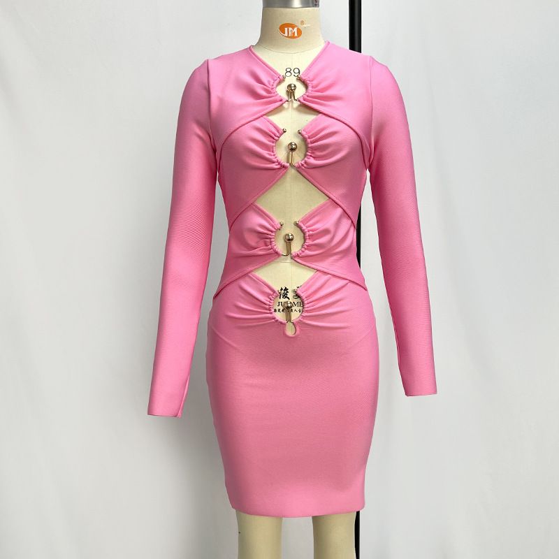 2025 Style Hollow Out Design Sense Crop Top Bandage Women Long Sleeve Evening Bodycon Dress_voghion.com