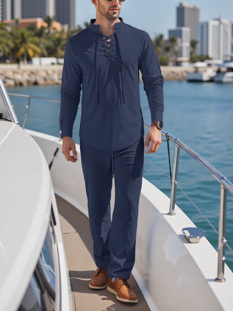Langärmliges Henley-Hemd aus Leinen für Herren – Atmungsaktives, lässiges Button-Up mit Brustband, entspannte Passform für Strand- und Urban-Styling_voghion.com