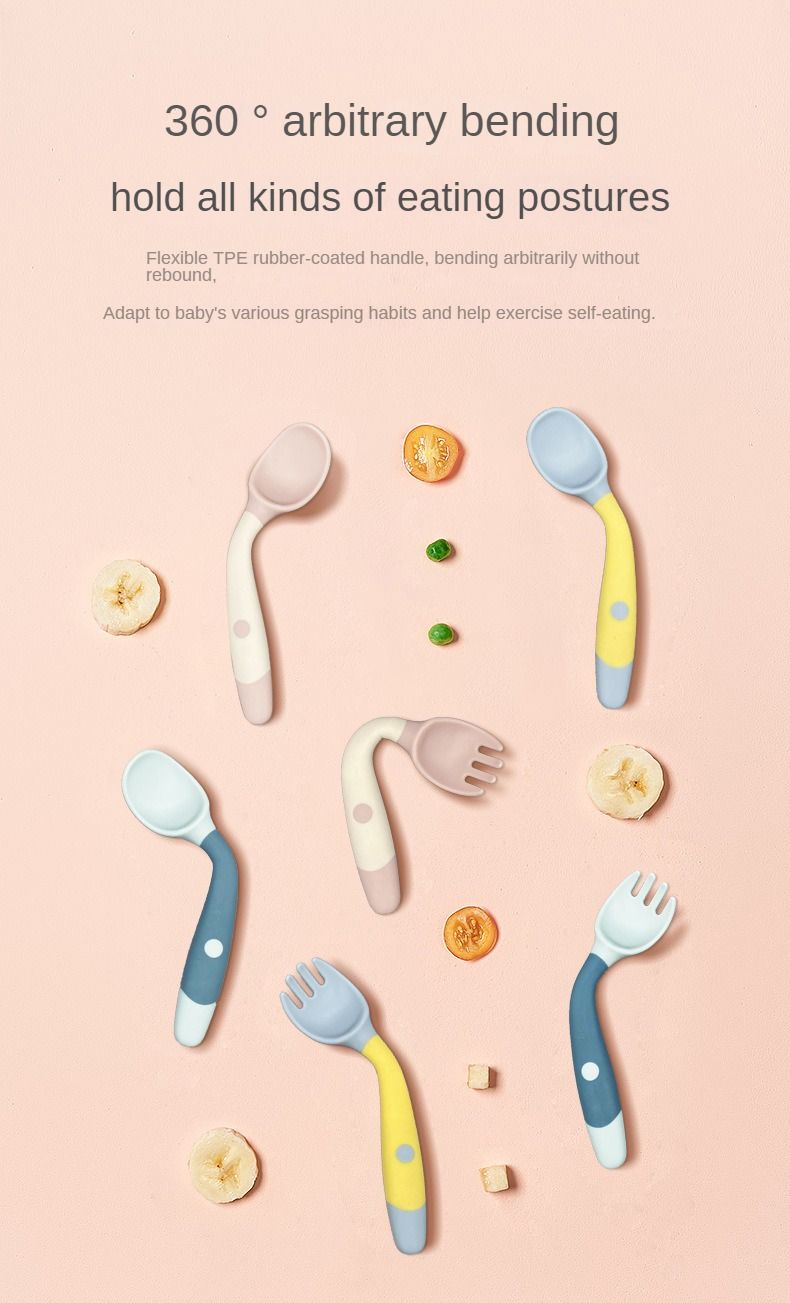 Bebê Crianças Colher Garfo Conjunto Macio Dobrável Silicone Colher Garfo Kit Talheres Treinamento Criança Alimentação Talheres Utensílio_voghion.com