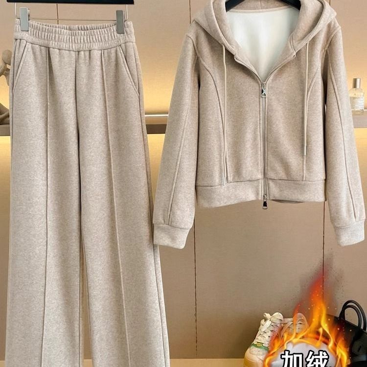 Fleece-Lined Casual Sports For Women, Autumn Winter 2025 New Loose Slimming Hoodie And Wide-Leg Pants Two-Piece Set_voghion.com