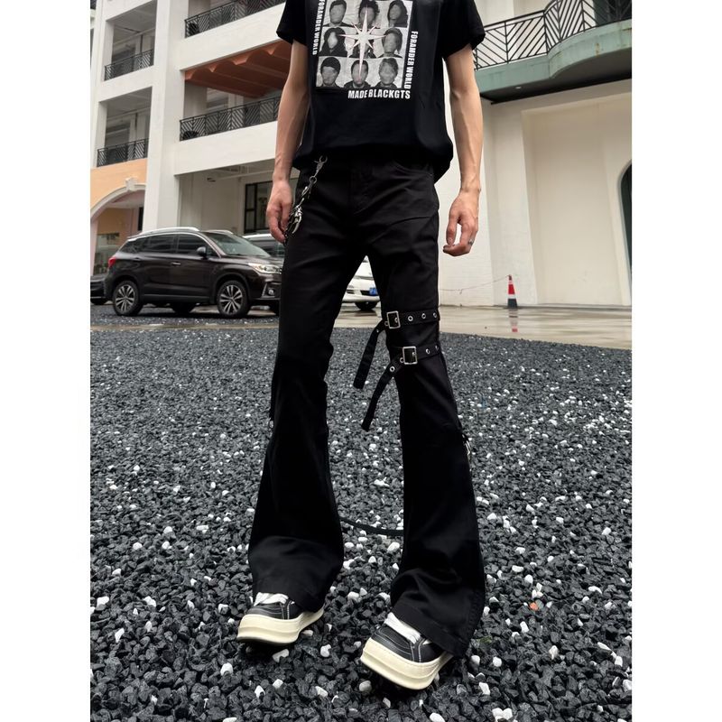 Schwarze Cargo-Jeans mit Retro-Schnürung für Herren – Bootcut-Hose mit hoher Taille und schmaler Passform für Frühling und Sommer_voghion.com