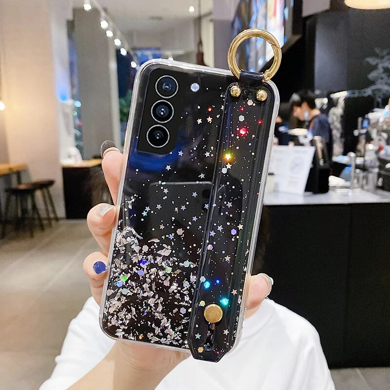 Bling Glitter Polsband Standhouder Case Voor Samsung S24 Ultra S23 S22 Plus S21 S20 FE A14 A54 a53 A23 A52 Soft Clear_voghion.com