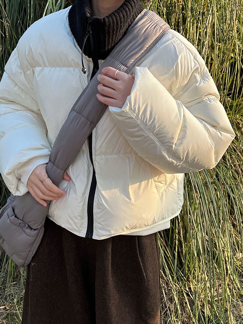 Women's Korean Style Knit Paneled Short Puffer Jacket With High Neck, 90% White Duck Down Filling, Thickened Winter Coat_voghion.com