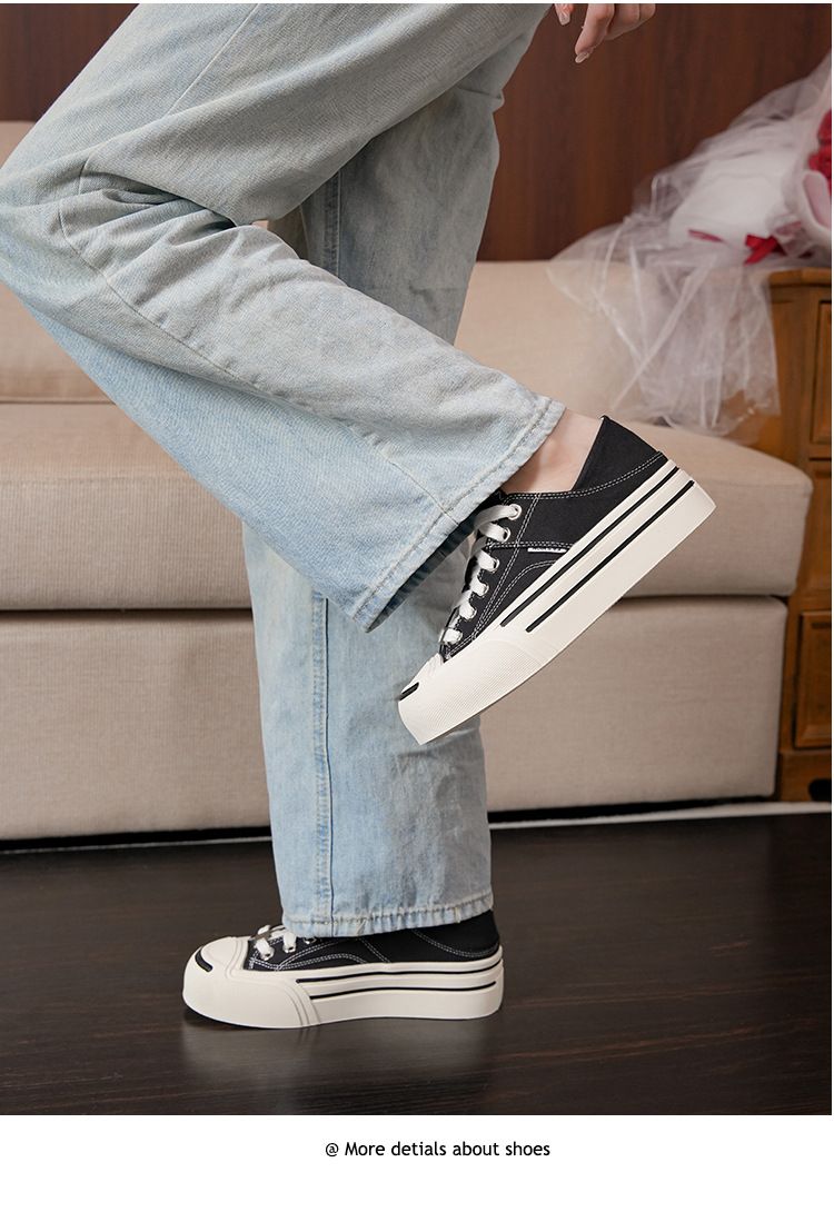 Classic Invisible Inside Height Increase 5cm Round Toe Open Smile Canvas Board Women's Casual Shoes_voghion.com