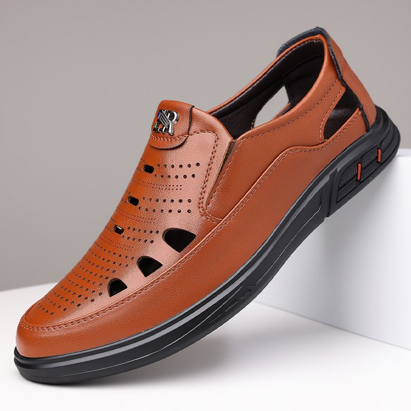 2025 Sommer Neue Tägliche Vielseitige Freizeitschuhe Herren Hohl Atmungsaktive Ledersandalen_voghion.com