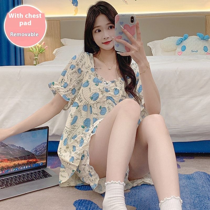 Cloud cotton pajamas women in summer, sweet ins style short sleeved shirt with chest cushion, detachable shorts, two_voghion.com