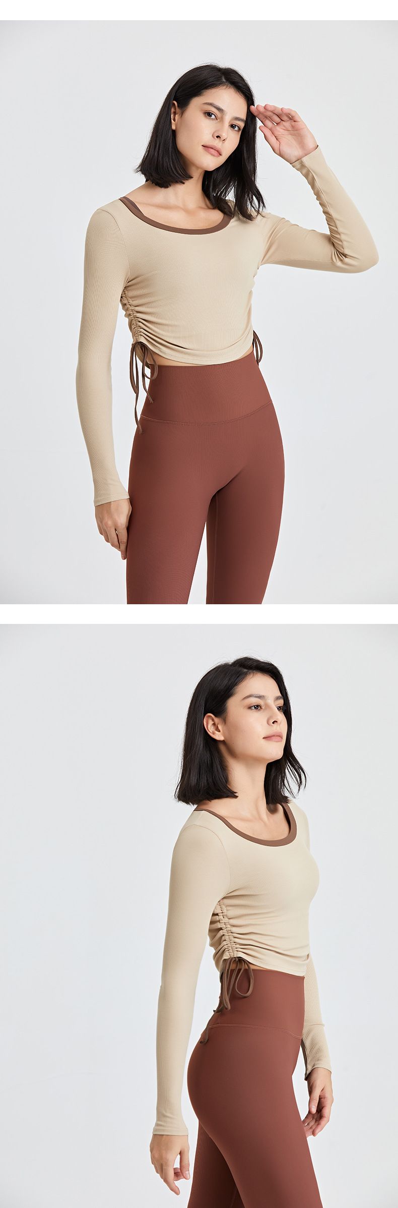 Tuta da yoga con coulisse laterale autunno-inverno, maglietta a maniche lunghe, top sportivo da corsa con blocchi di colore da donna, vestibilità aderente e_voghion.com
