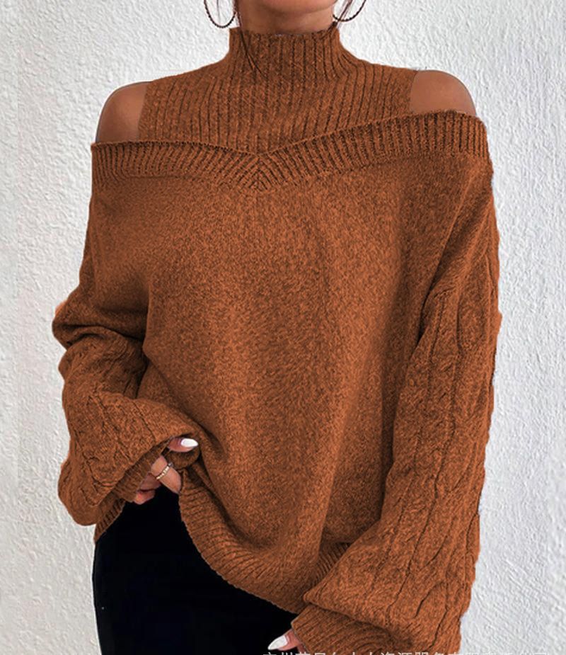 Damenbekleidung schulterfreier Pullover Damenpullover Herbst und Winter neuer lockerer halbhoher Kragen Laternenärmel Strickpullover_voghion.com