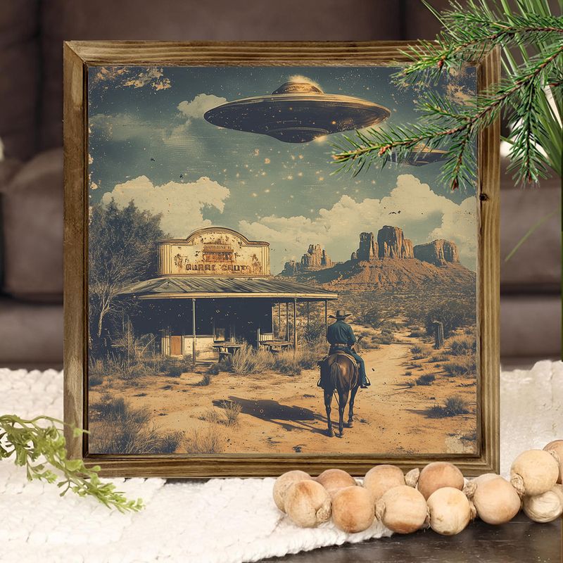 "8x8" Vintage UFO & Cowboys Wood Sign - Desert Scene Wall Art For Living Room, Bedroom, Office | Unique Holiday Gift_voghion.com