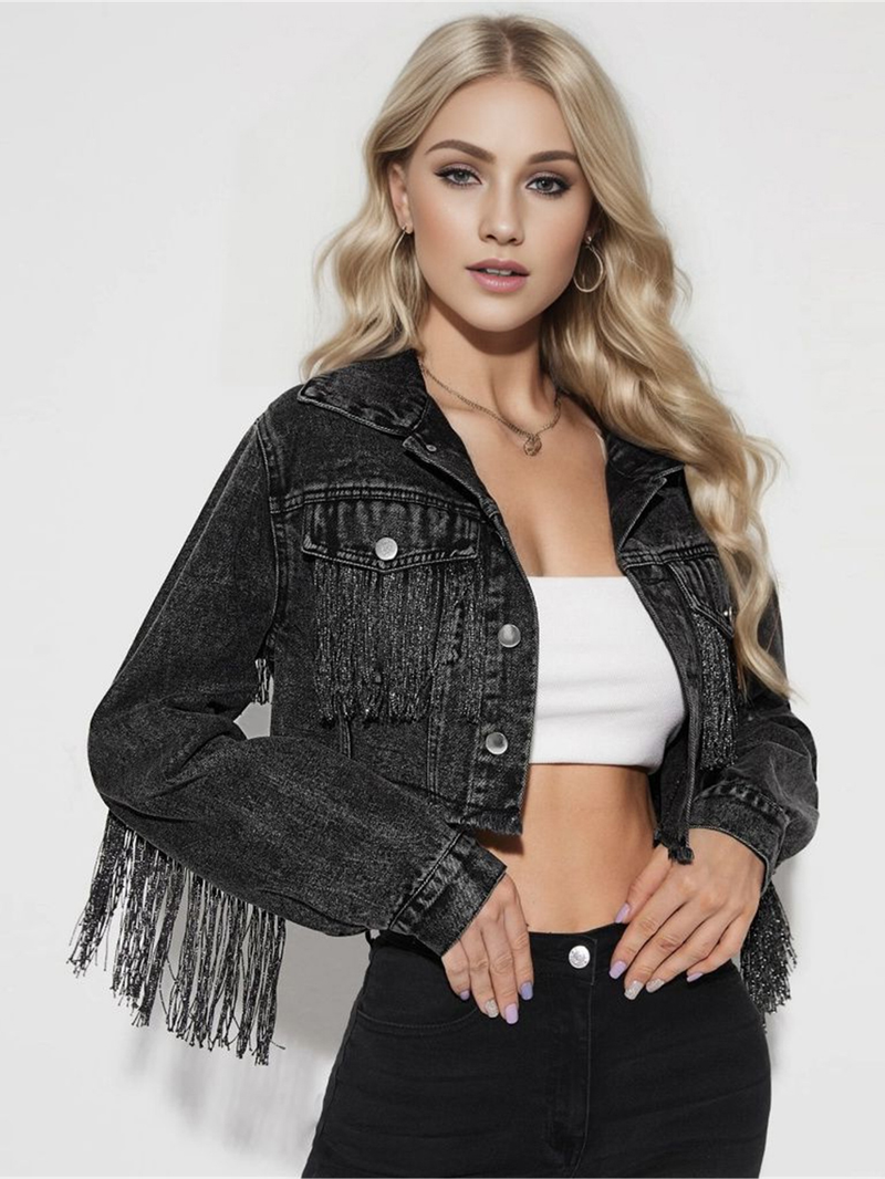 Jachetă denim pentru femei, la modă, cu cusături de ciucuri, jachetă denim distressed pentru femei_voghion.com
