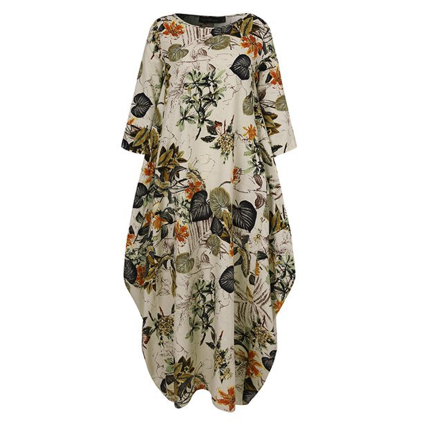 Robe décontractée en coton et lin pour femmes, grande taille, imprimé, style national, rétro, pull ample, col rond_voghion.com