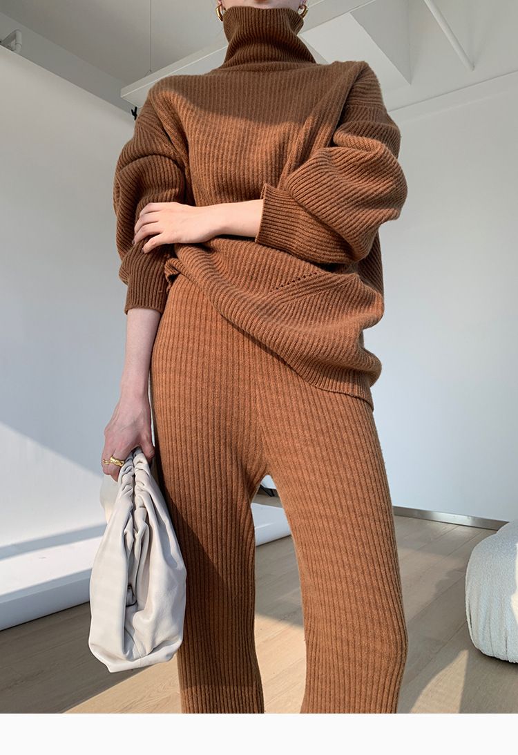 Damenbekleidung Damen-Set aus Strickpullover und Rock – halbhoher Ausschnitt, gemütliches zweiteiliges Outfit_voghion.com