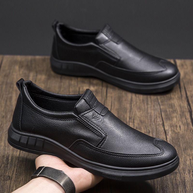 New Leather Men's Black Casual Slip-On Lazy Soft Sole Driving Work Fashion Comfortable Dad Shoes_voghion.com