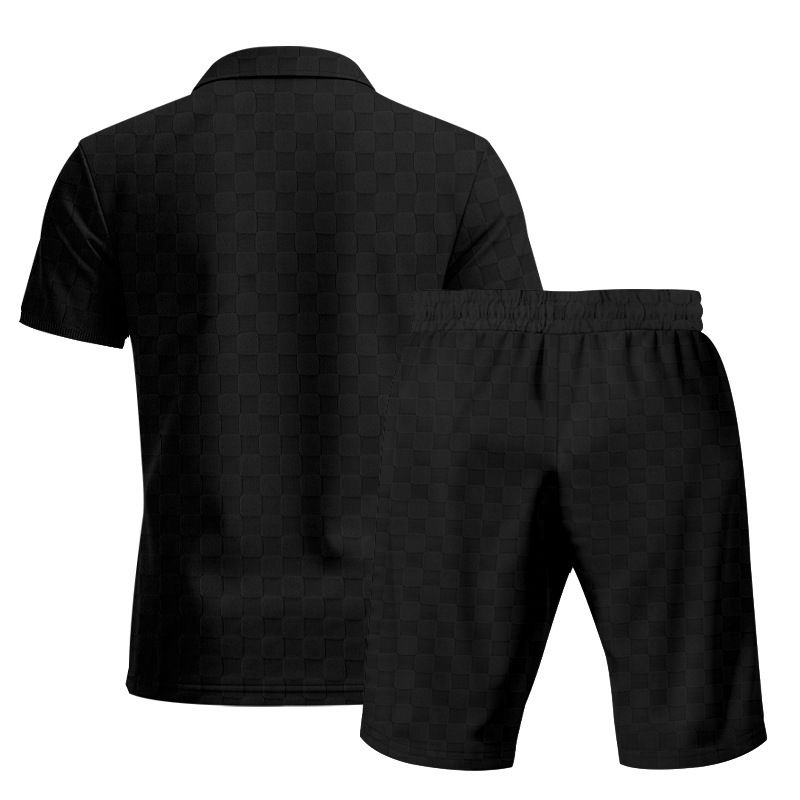 Herren Schweres, lockeres, lässiges, einfaches Poloshirt mit Schachbrettmuster und Reißverschluss, kurzärmelig, Shorts-Set_voghion.com