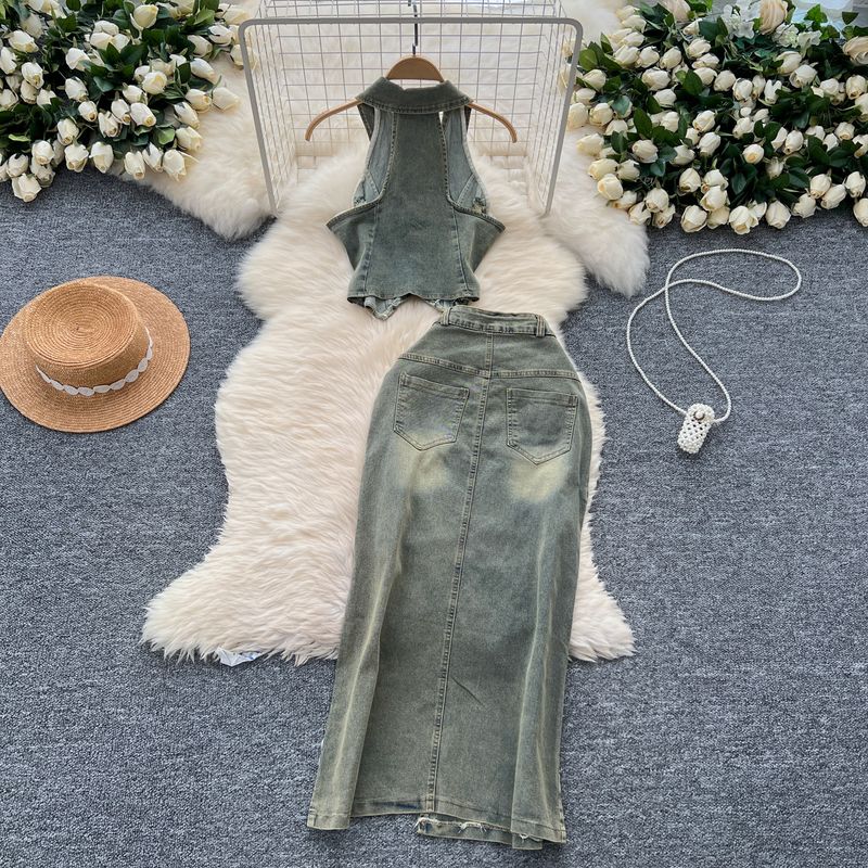 Women's Clothing Retro Washed Distressed Halter Neck Sleeveless Lapel Raw Edge Denim Top Slit Slim Skirt Two Piece Set_voghion.com