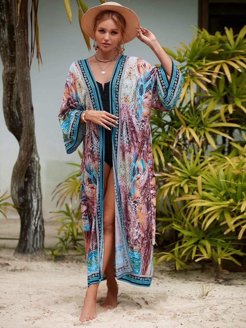 Women's Beach cover-up rayon positioning printed cardigan holiday sun protection shirt _voghion.com