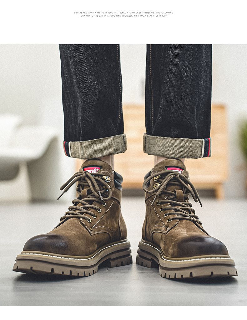 Men's Shoes First Layer Martin Boots Men's Retro Style Yellow Boots Autumn Outdoor Hiking Shoes High Top Work Boots_voghion.com