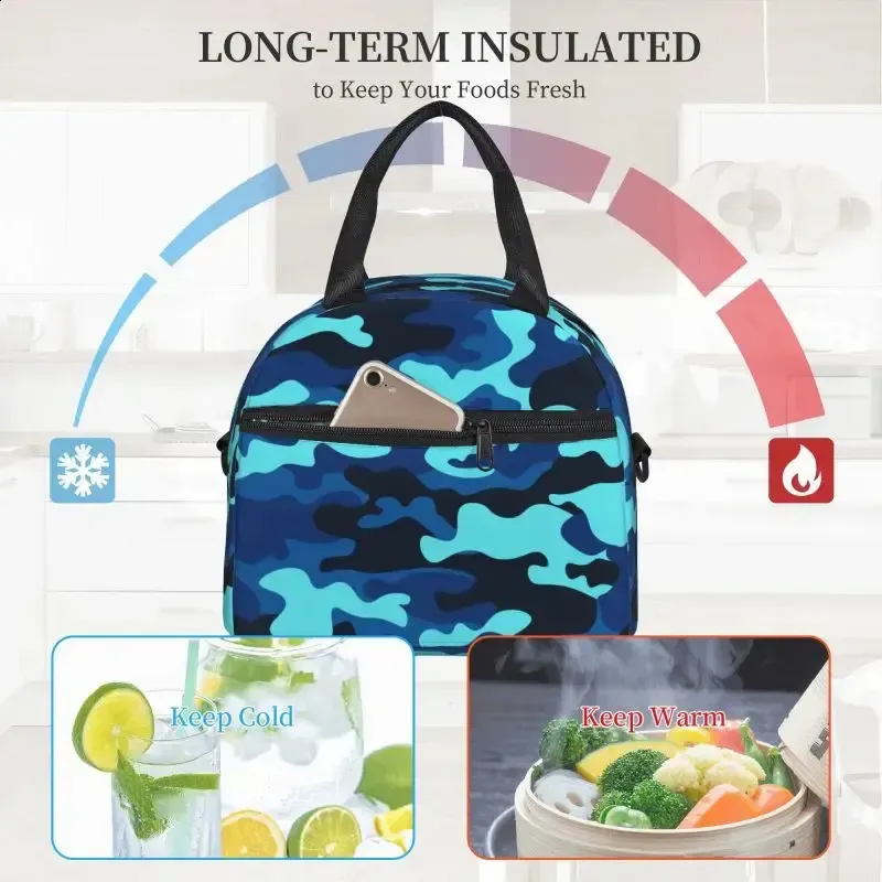 Sac à déjeuner isotherme réutilisable à motif camouflage bleu, résistant à la chaleur, sac à main pour le travail, l'école, les voyages, les pique-niques_voghion.com
