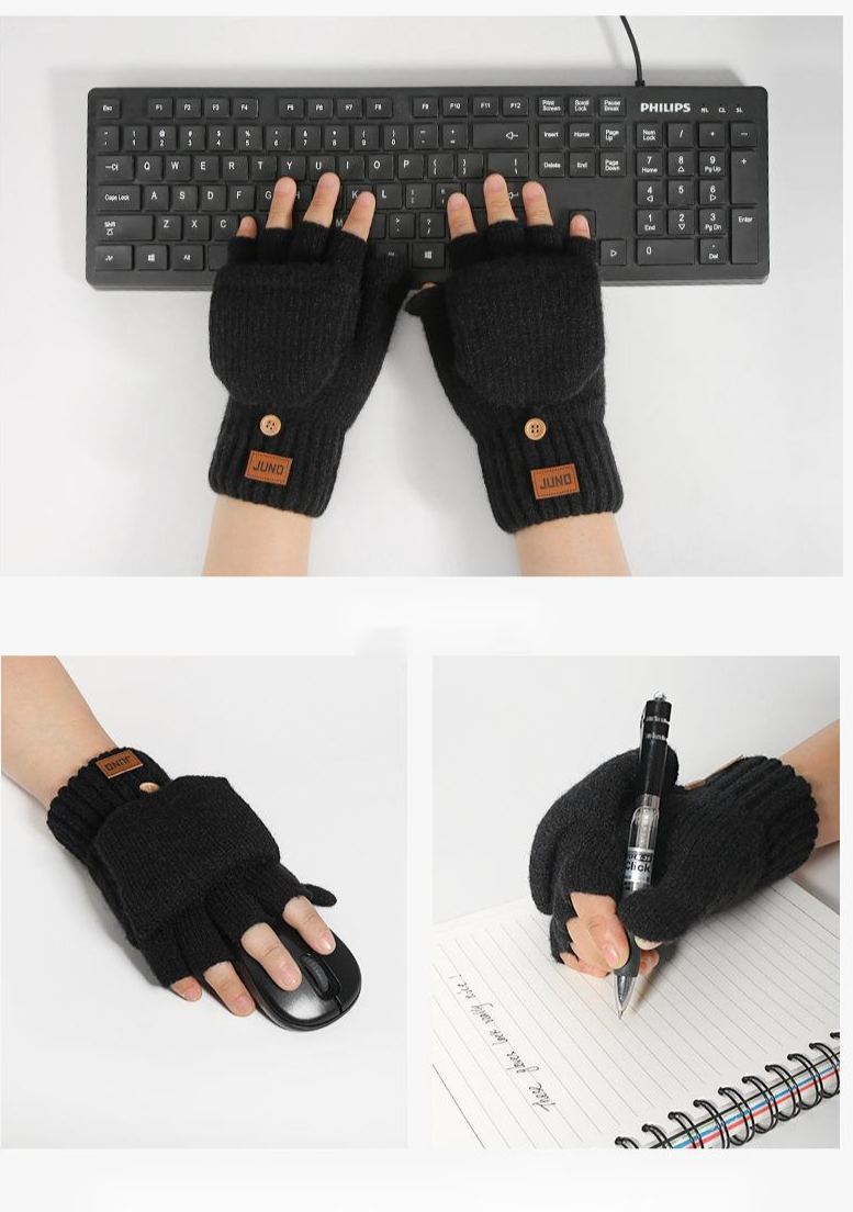 Thickened Half-Finger Autumn Winter Fleece-Lined Knitted Cold-Proof Warm Half-Length Writing Wool Fingerless Gloves_voghion.com
