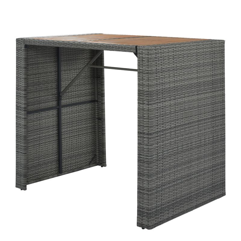 5-pieces Outdoor Patio Wicker Bar Set, Bar Height Chairs With Non-Slip Feet And Fixed Rope, Removable Cushion, Acacia Wood Table Top_voghion.com