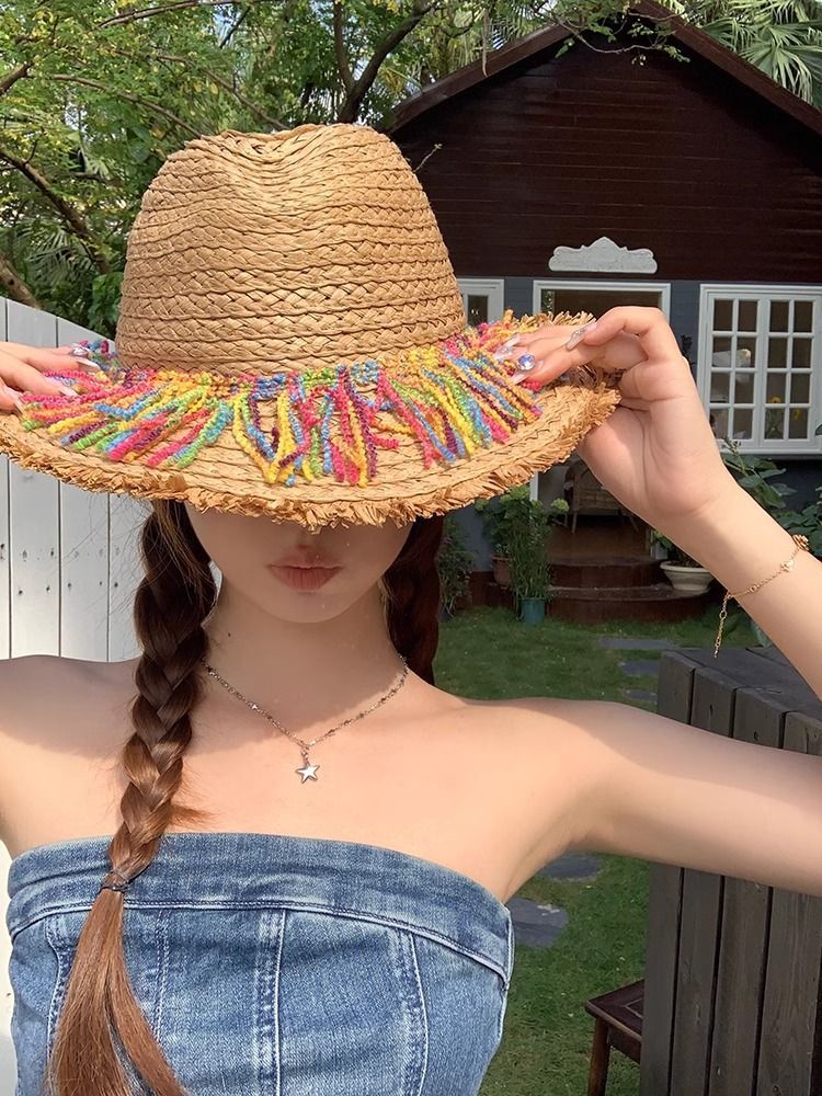 Sombrero de paja con flecos de colores para verano, parasol de viaje, protector solar, para rostro pequeño, transpirable, de ala ancha._voghion.com