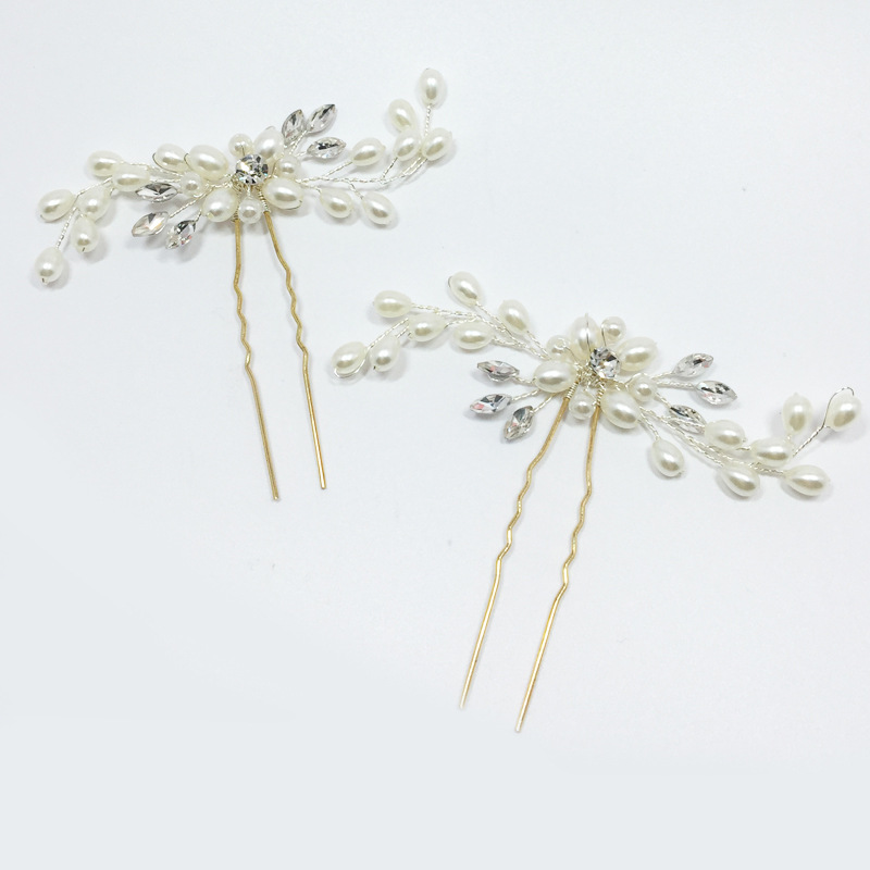 Ebay cross-border supply Korean bridal handmade pearl crystal hairpin pin U-shaped clip wedding headwear_voghion.com