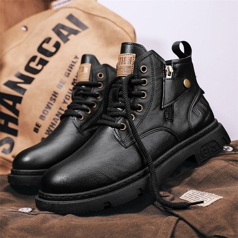 High Top Herr Läder Mode Motorcykel Ankel för Herr Vinterstövlar Man Skor Snörning Botas Hombre_voghion.com