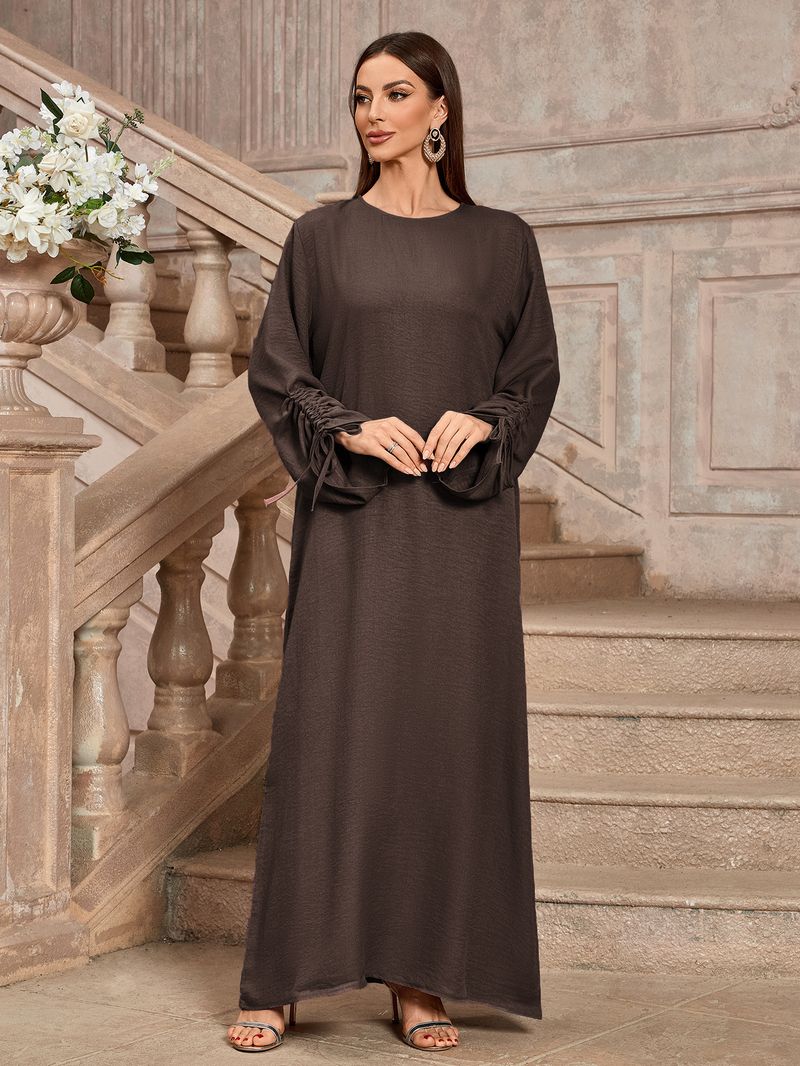 Abito lungo elegante alla moda da donna, in tessuto di poliestere, con cintura, lunghezza midi, maniche lunghe e regolari._voghion.com