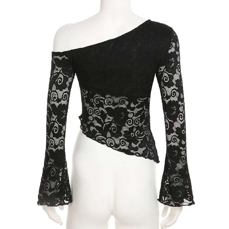 Women's Oblique Shoulder Lace Long Sleeved T Shirt Female Early Spring New Temperament Solid Color Perspective Black Bottoming Shirt Top_voghion.com