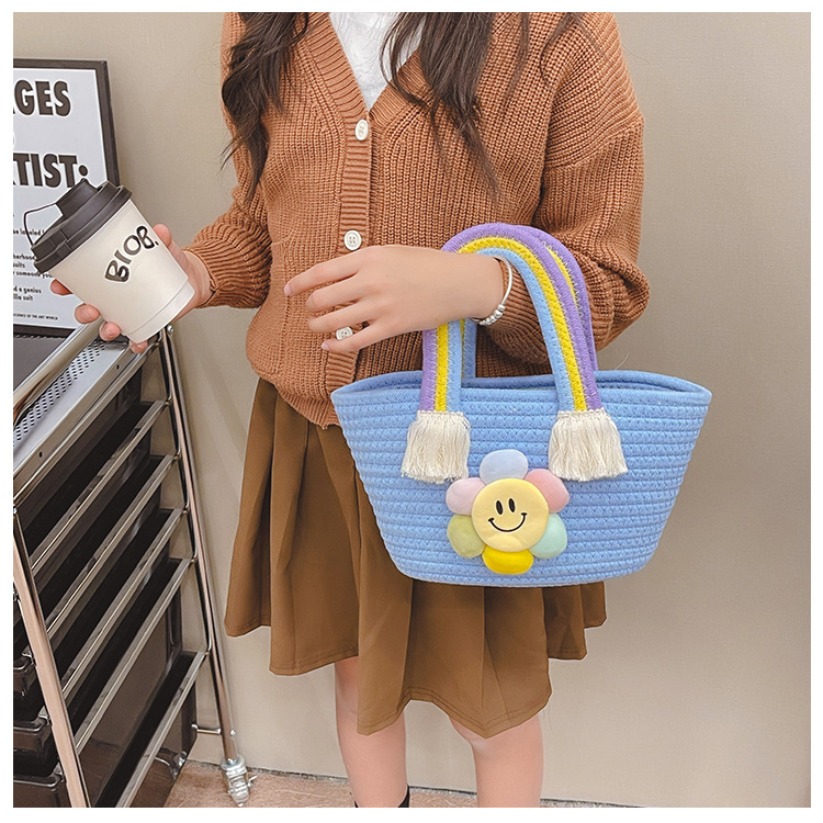 Borsa per bambini Borsa da donna in corda di cotone intrecciata Borsa da souvenir Cesto di verdure Borsa a tracolla per bambini Borsa a forma di girasole con cartone animato Borsa arcobaleno_voghion.com