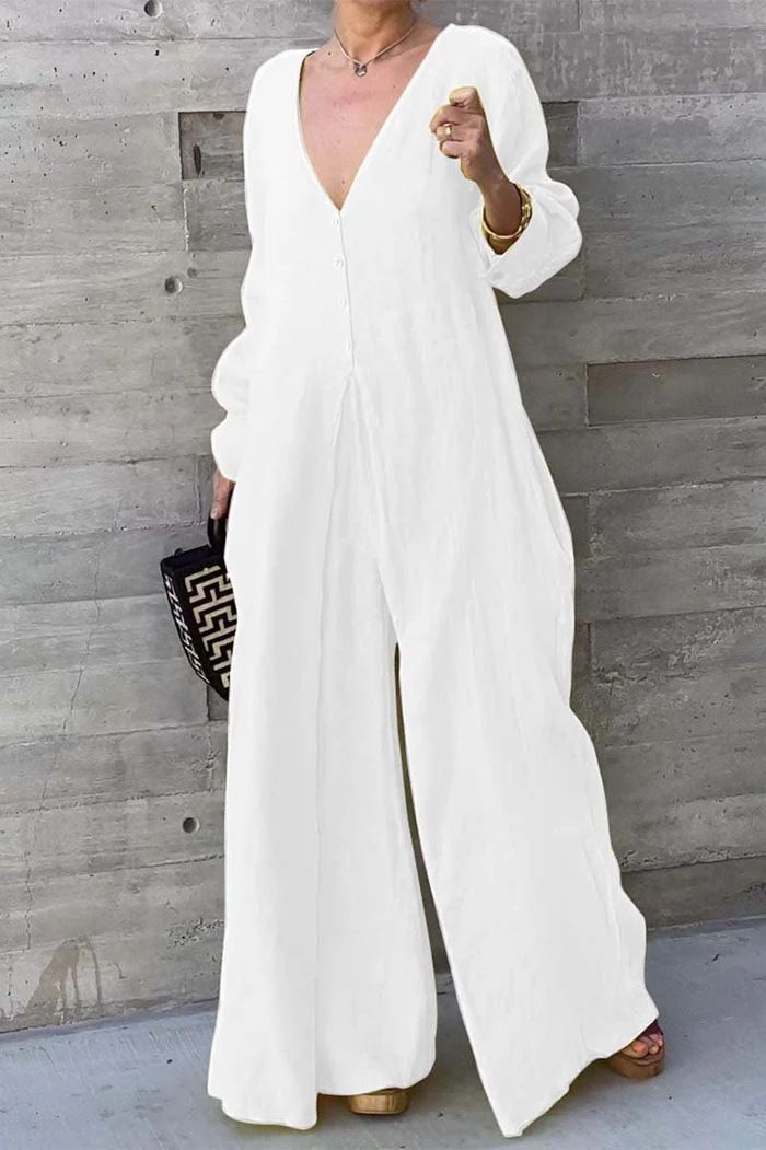 Dameskleding Zomer Katoenen en linnen jumpsuit Damesmode Effen kleur V-hals jumpsuit met knoopjes Mid-taille jumpsuit met wijde pijpen_voghion.com