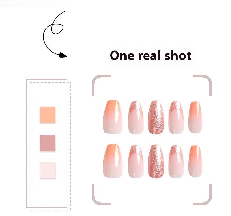 Tragen Sie orangefarbenes Glitzerpulver mit Farbverlauf und abnehmbarer fertiger Nagelplatte_voghion.com